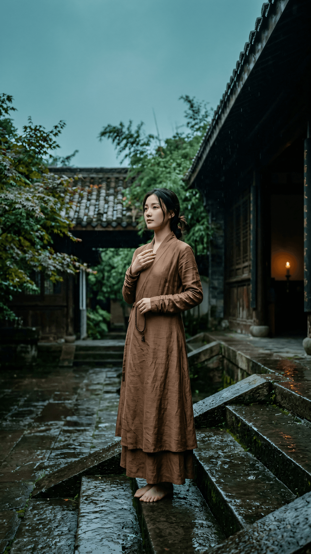 身处喧嚣百万亿，心向深林一径凉。云影无心逐流水，雨后阶前现本光。