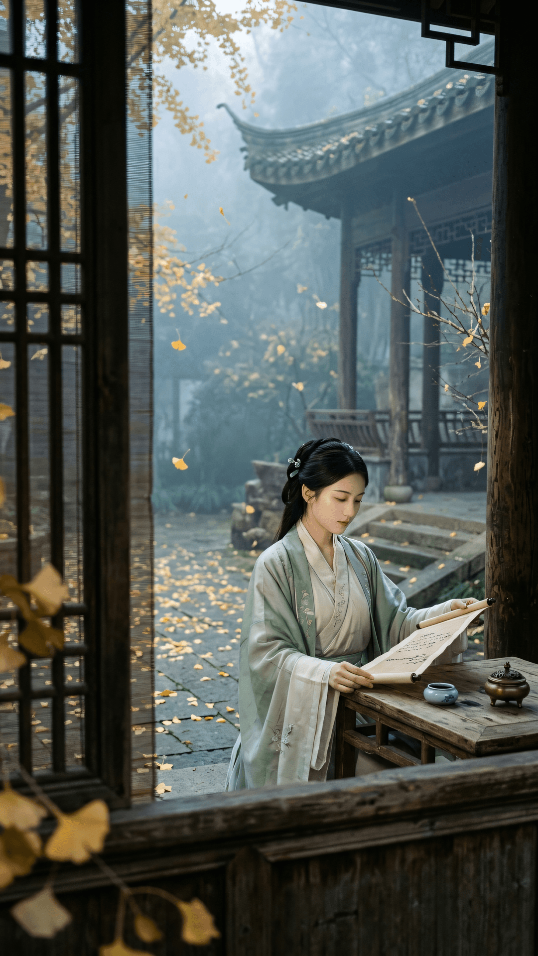 梵音绕古刹，贝叶映秋霜。世路纵摇落，本心未曾荒。