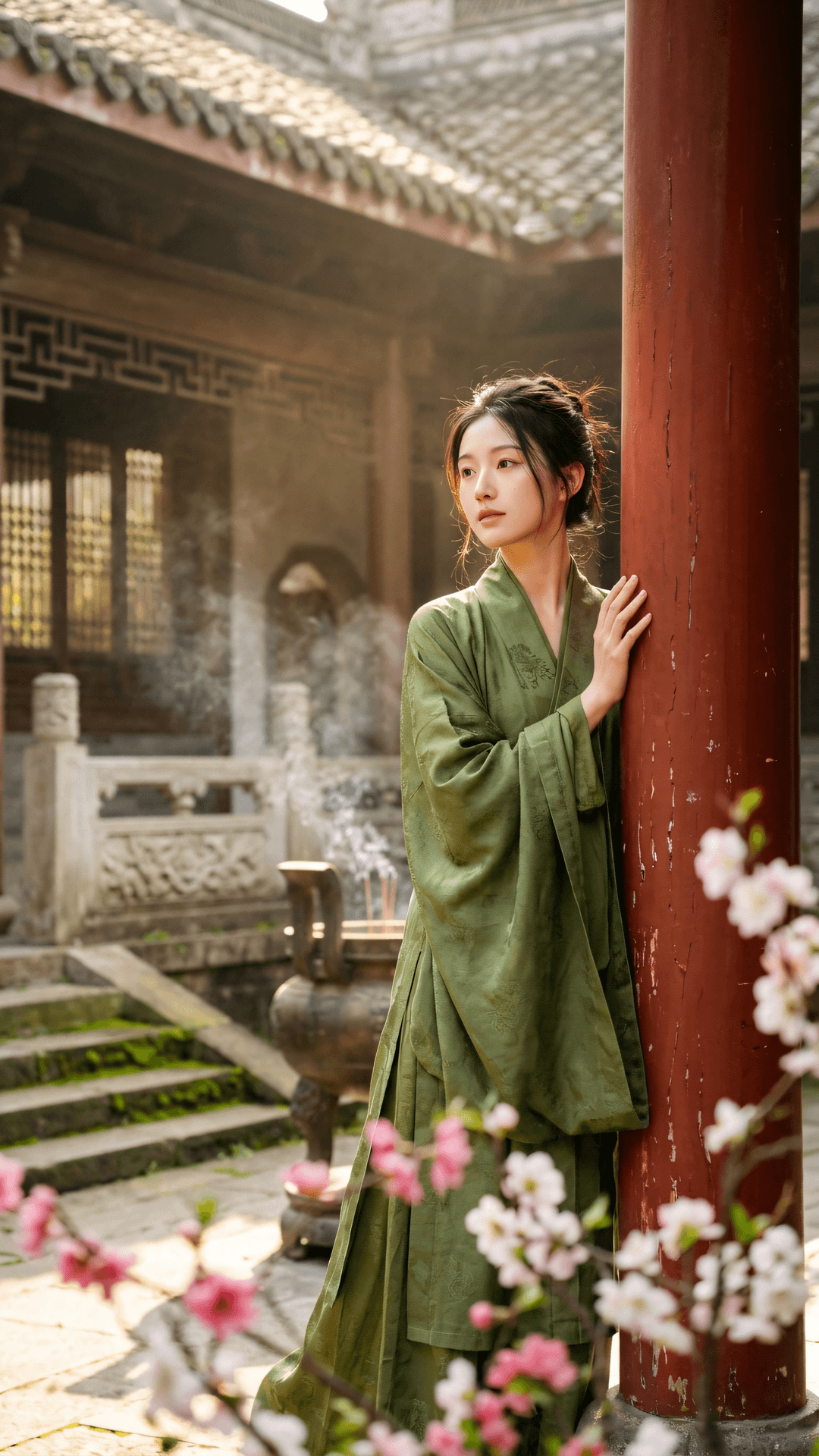春入花梢红欲燃，法身原不在尘边。随缘应物无边境，一念清净化大千。
