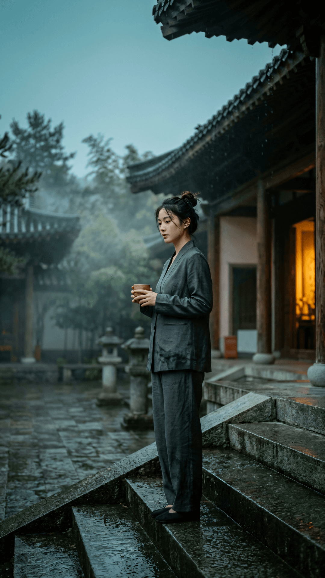 世间纷扰如波浪，心海澄明自不惊。万缘放下当下觉，一雨洗落旧尘埃。