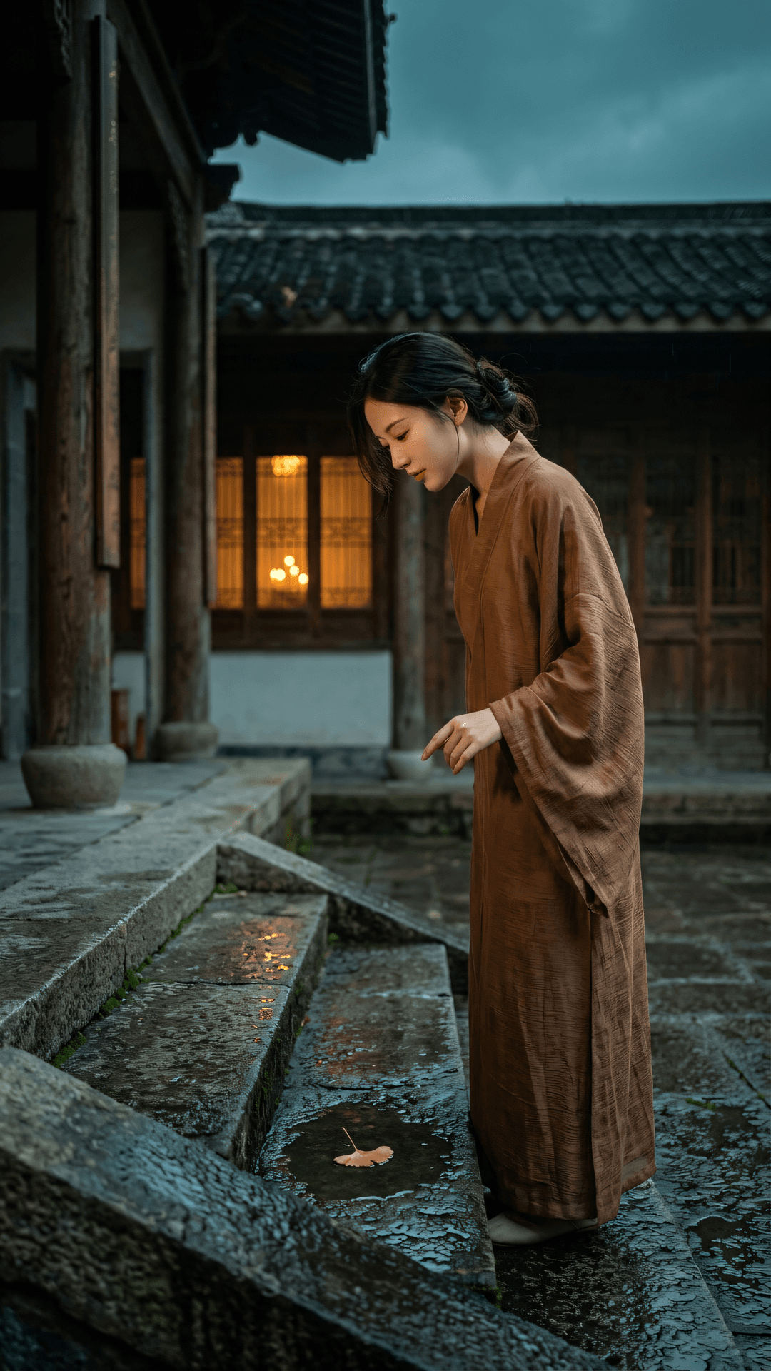 纷纭世事，如雨后浮云，心若澄水，万象自明。行于湿阶，步步清净，即此深心，是大光明。