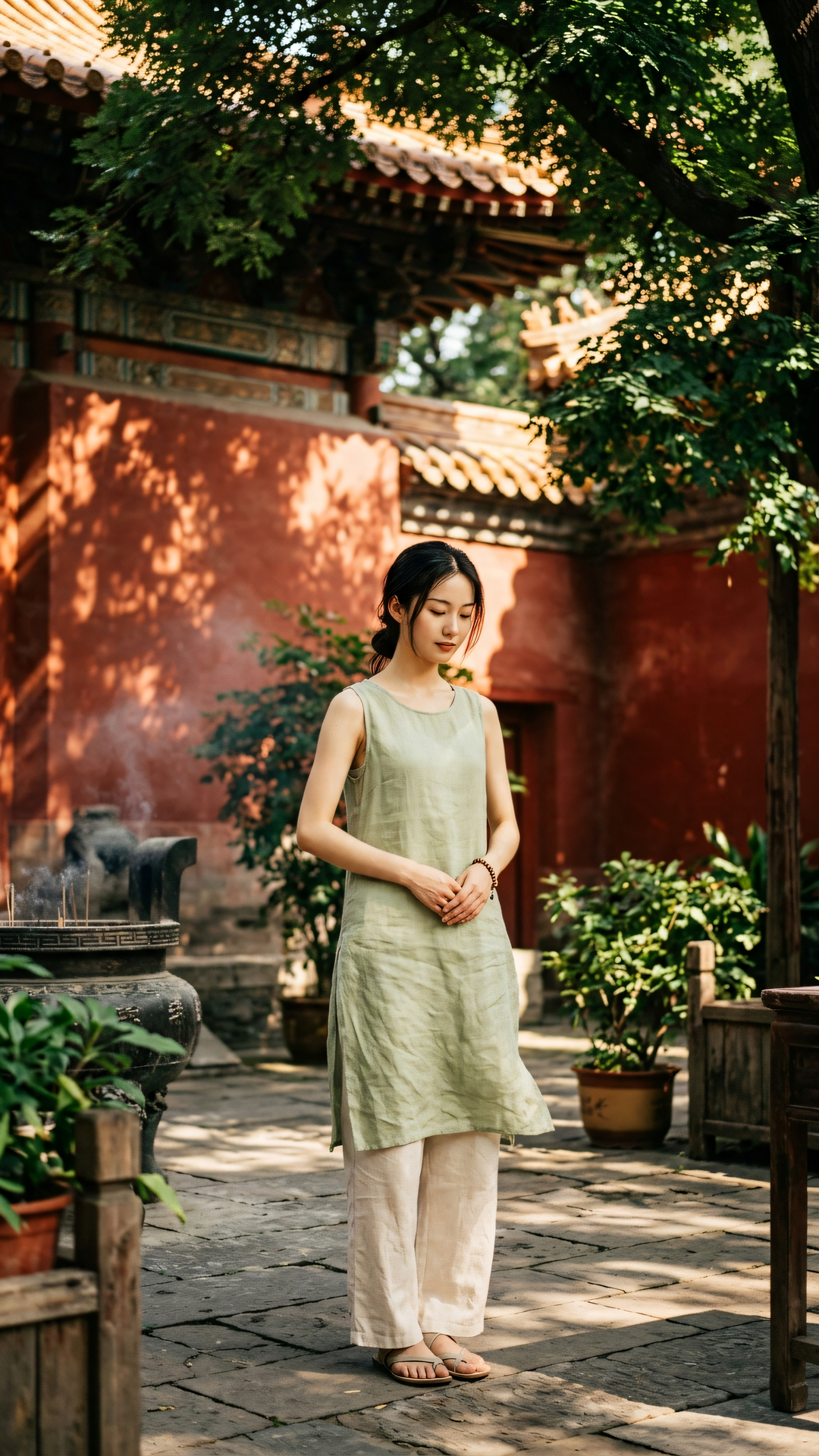 万象纷纭心自在，一念清凉过暑天。红墙不语藏真意，静观尘寰远烽烟。